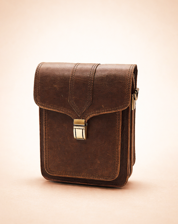 Dark brown leather flap bumbag