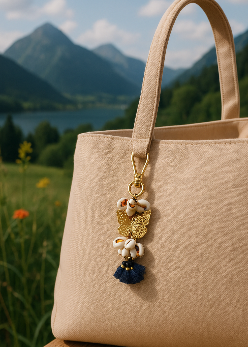 Beige handbag with decorative charm against a scenic mountain backdrop