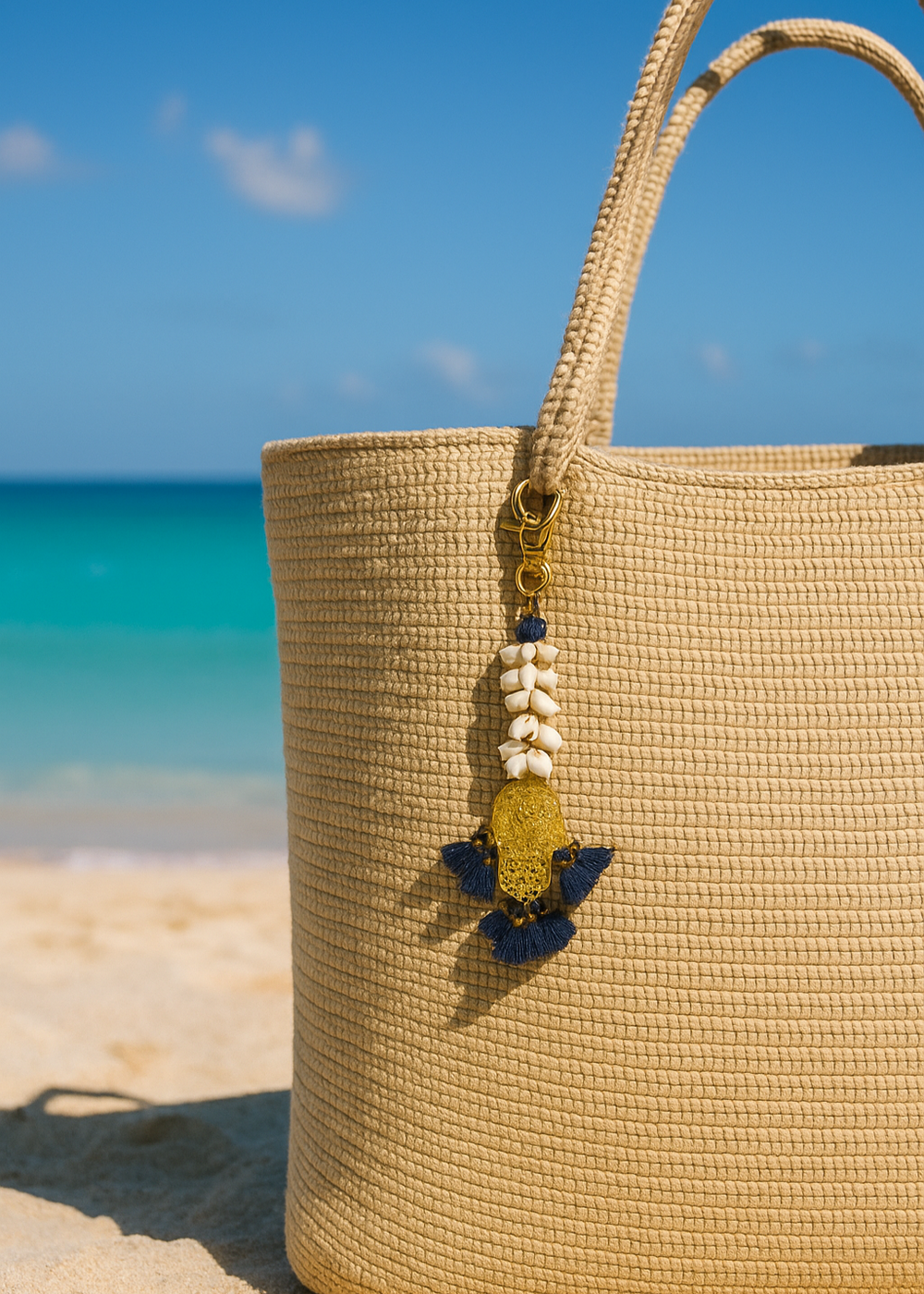 Beige straw bag with decorative charm on a sandy beach with ocean view