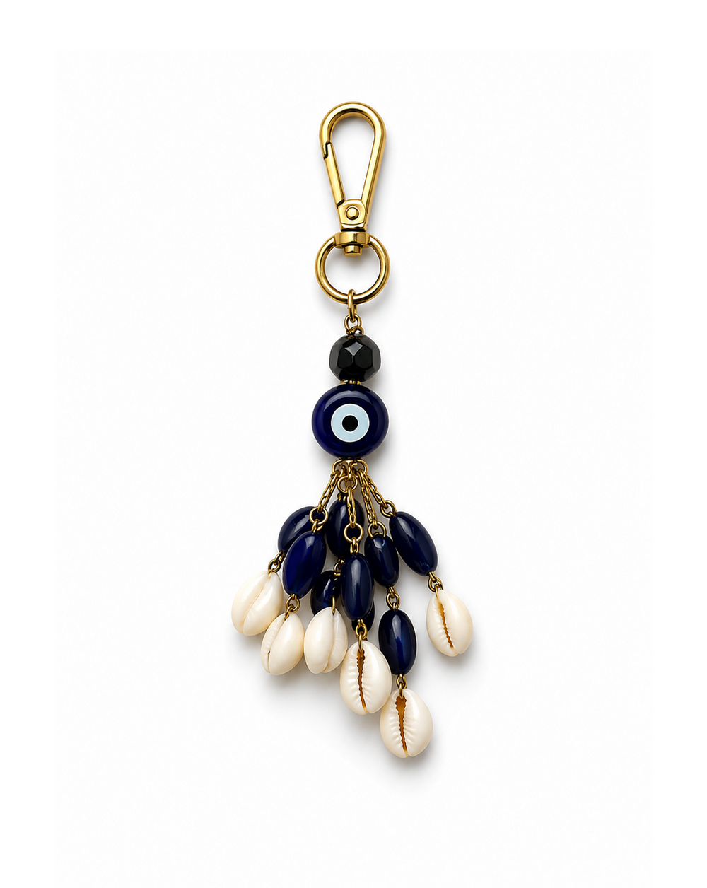 Evil Eye Shell Travel bag Charm – Blue, Gold & Natural