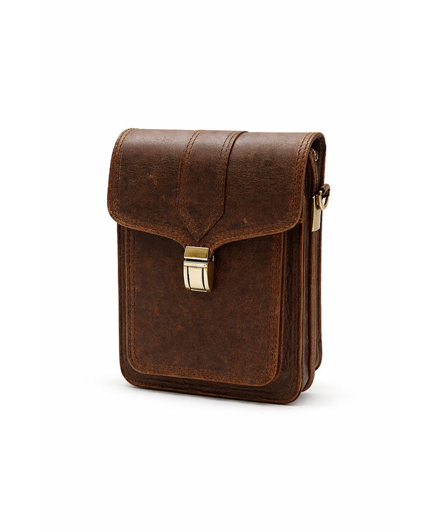 Dark brown leather flap bumbag