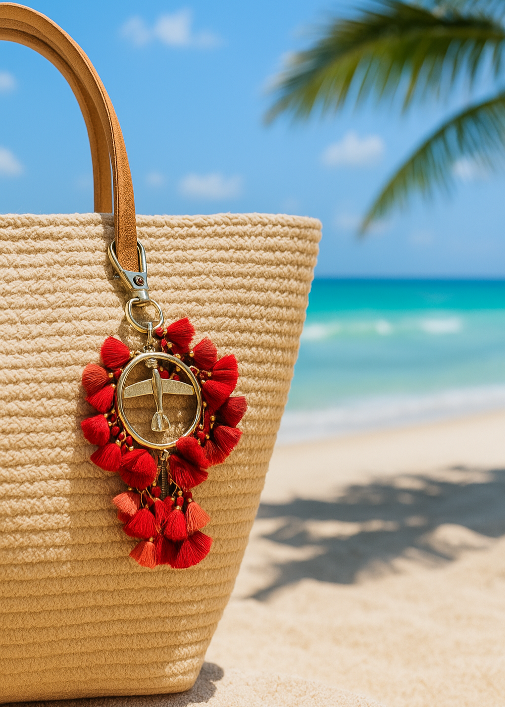 Beige straw bag with a red pom-pom keychain on a beach with palm trees and blue sky.