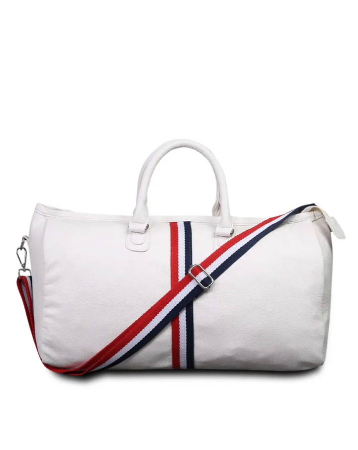 White Duffel Bag with Red and Blue Stripes thestruttstore