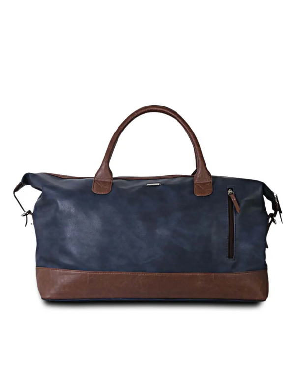 Blue & Brown Leatherette Front Zip Duffle Bag thestruttstore