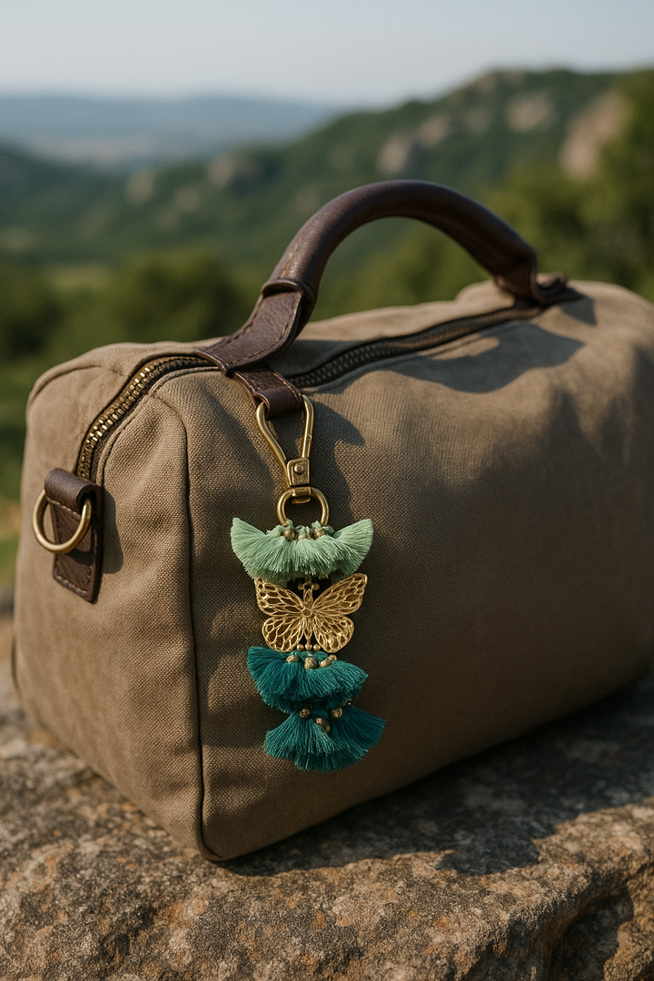 Brown duffel bag with a decorative keychain featuring a butterfly design on a natural background.
