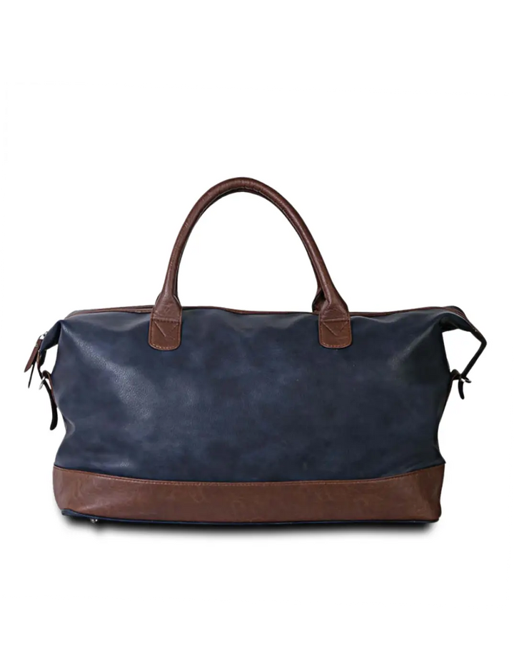 Blue & Brown Leatherette Front Zip Duffle Bag thestruttstore