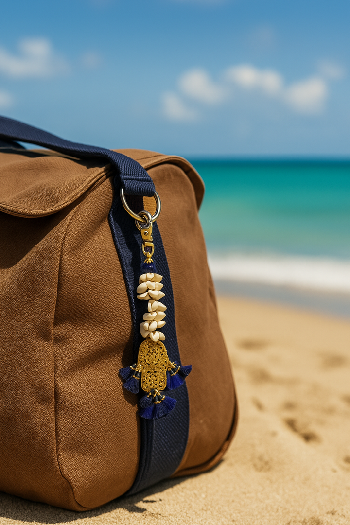 Brown bag with decorative strap on a sandy beach
