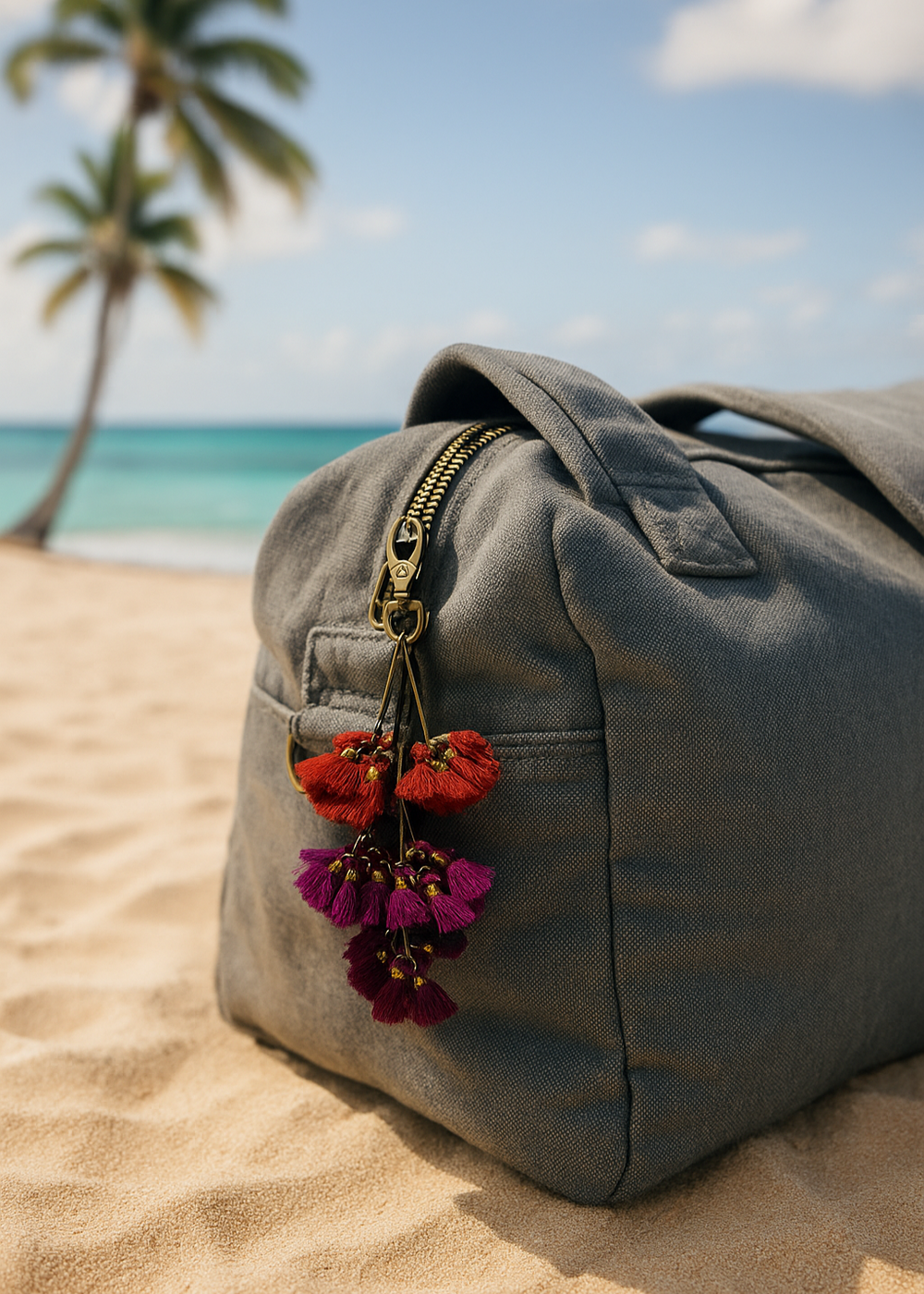 Gray duffel bag with floral decorations on a sandy beach with palm trees and ocean in the background