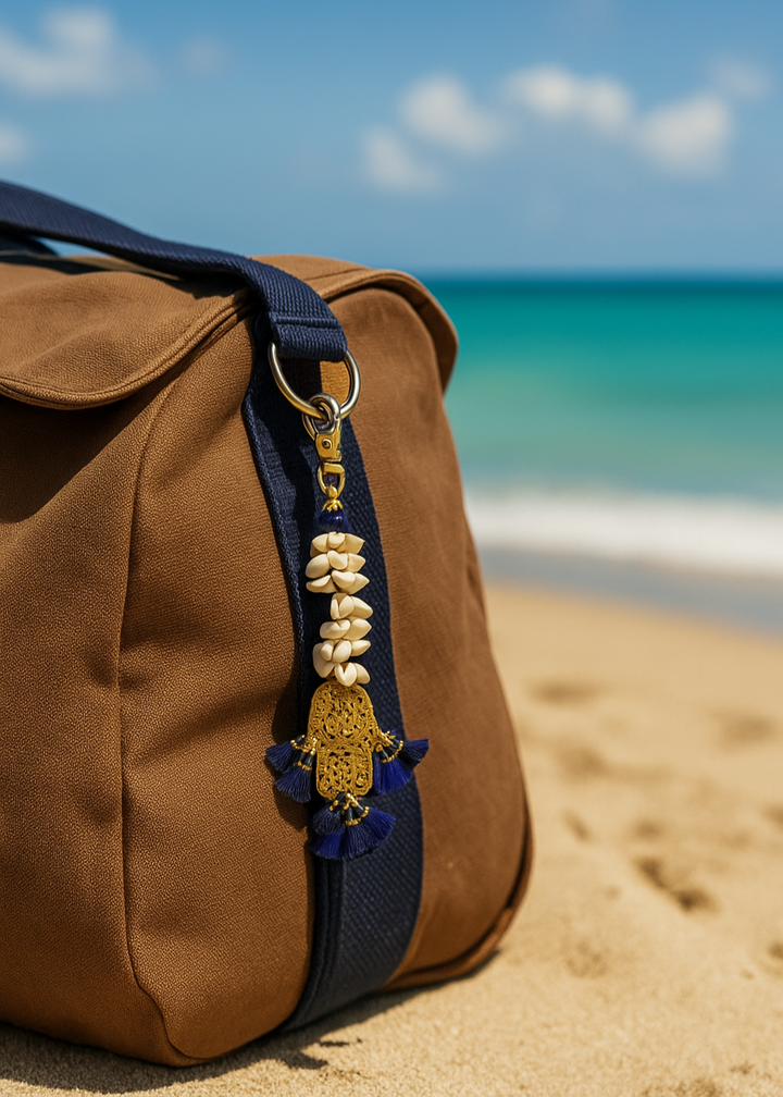 Brown bag with decorative strap on a sandy beach