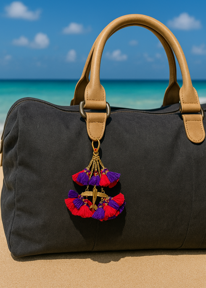 Black bag with a colorful tassel charm on a beach