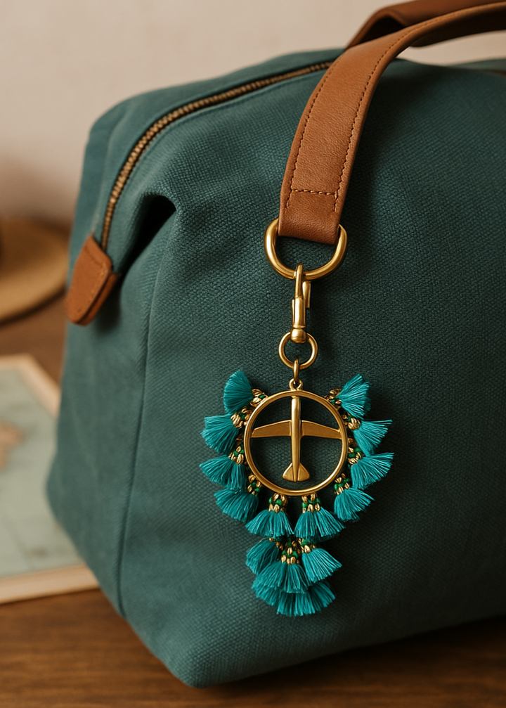 Green duffel bag with a decorative keychain on a wooden surface.