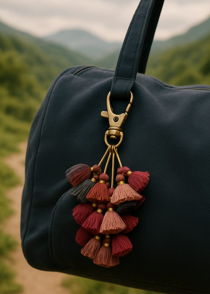 Black bag with a colorful tassel keychain against a mountainous background