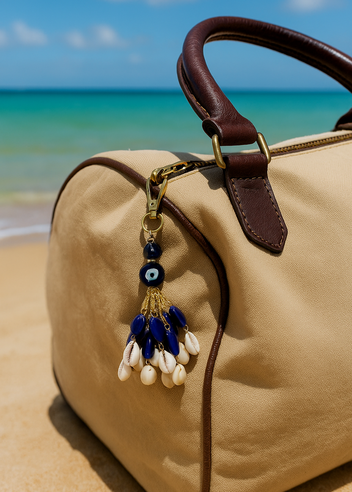 Beige handbag with brown handle and decorative charm on a beach