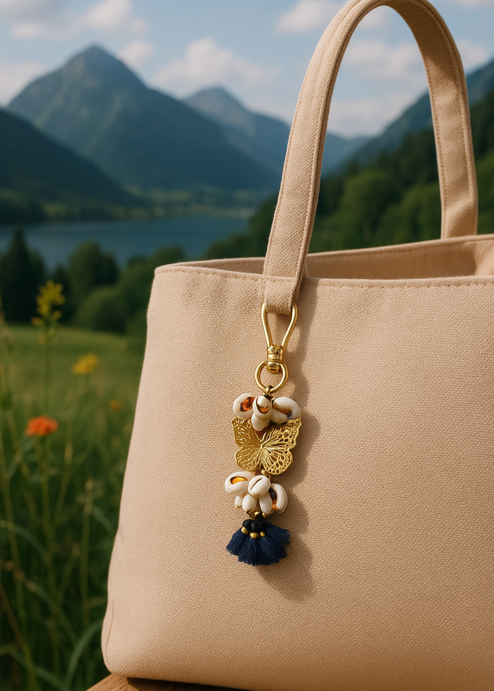 Beige handbag with decorative charm against a scenic mountain backdrop