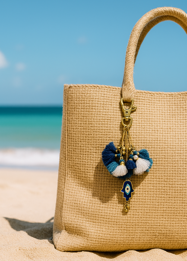 Beige straw bag with decorative keychain on a sandy beach with ocean view