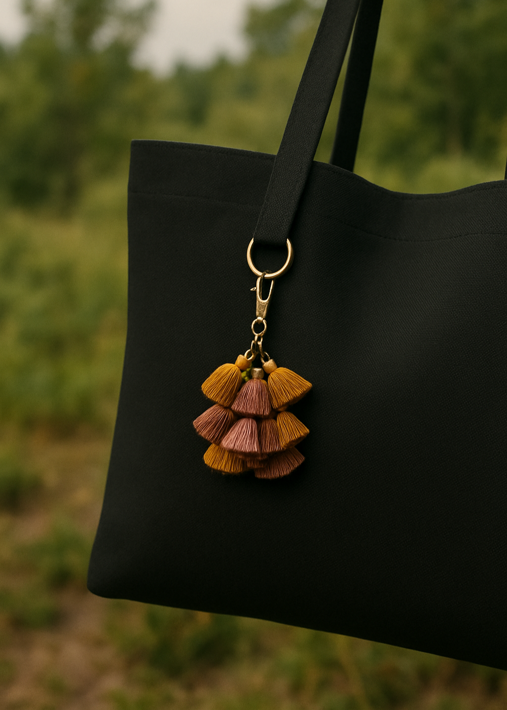 Black tote bag with a colorful tassel keychain against a blurred green outdoor background