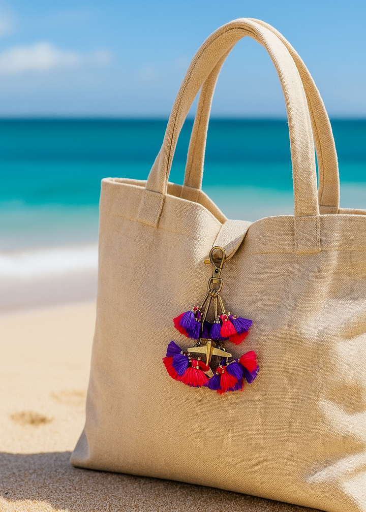 Beige tote bag with colorful floral charm on a sandy beach