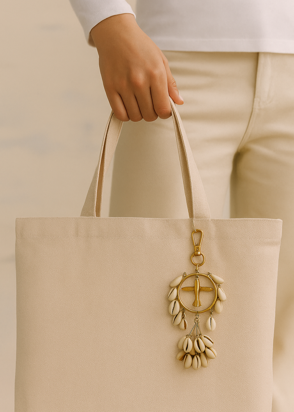 Beige tote bag with a gold keychain held by a person wearing a white shirt and beige pants.