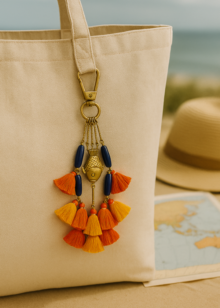 Beige tote bag with a decorative keychain featuring orange and blue tassels, set against a blurred outdoor background.