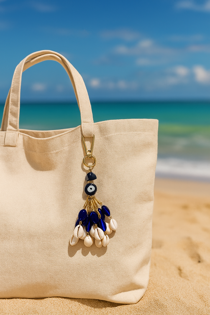 Beige tote bag with decorative keychain on a sandy beach with ocean view