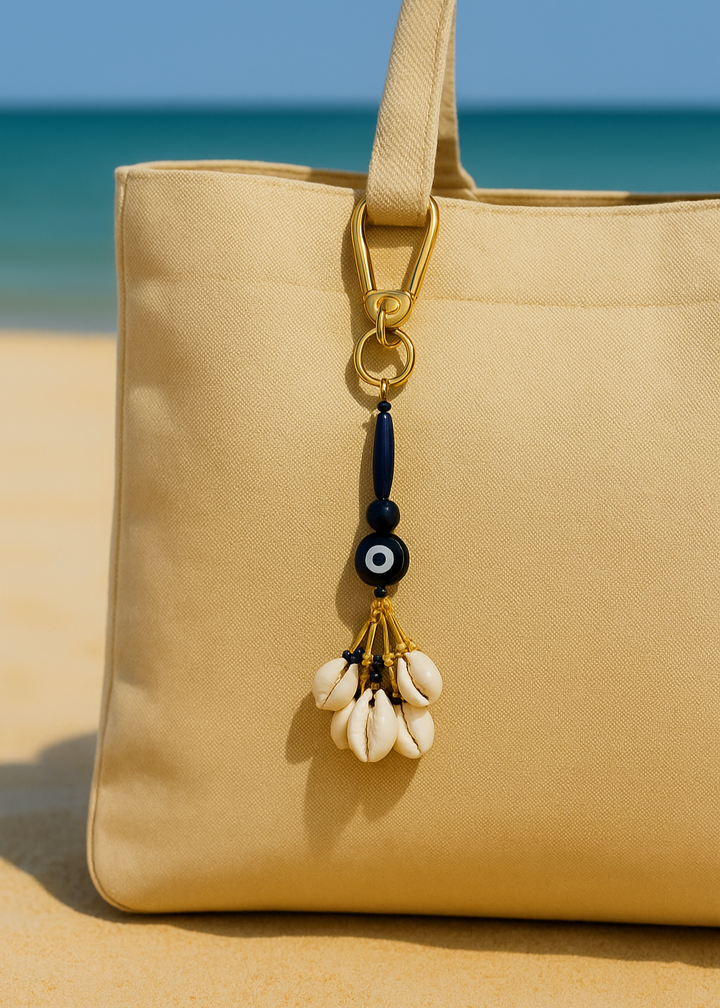 Beige tote bag with decorative keychain on a sandy beach