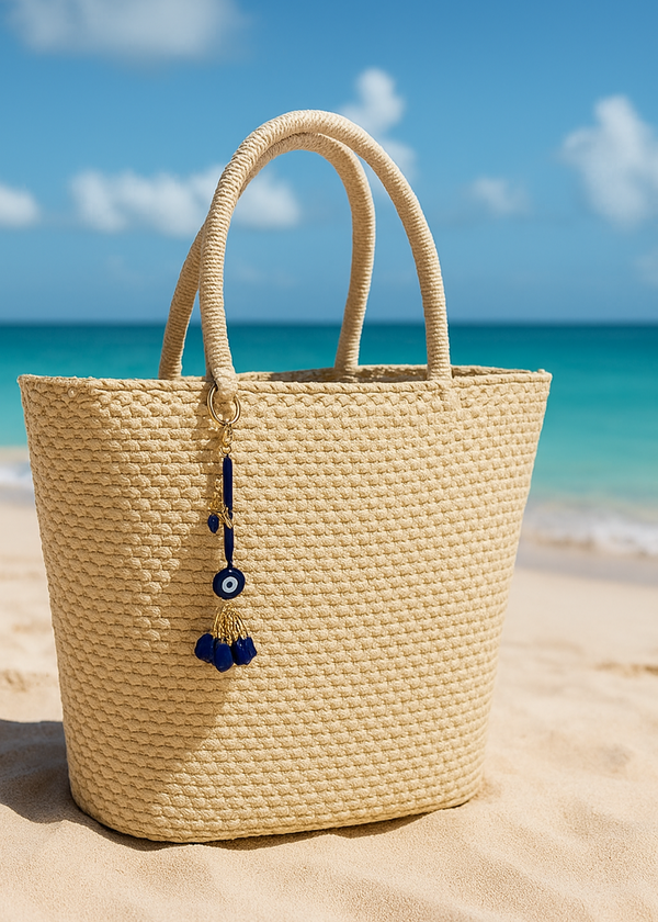 Woven straw bag with blue accents on a sandy beach with ocean and sky in the background