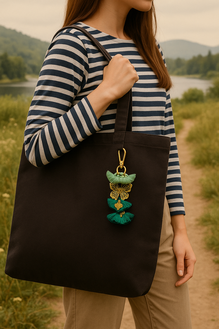 Person holding a black tote bag with decorative keychain in a natural setting
