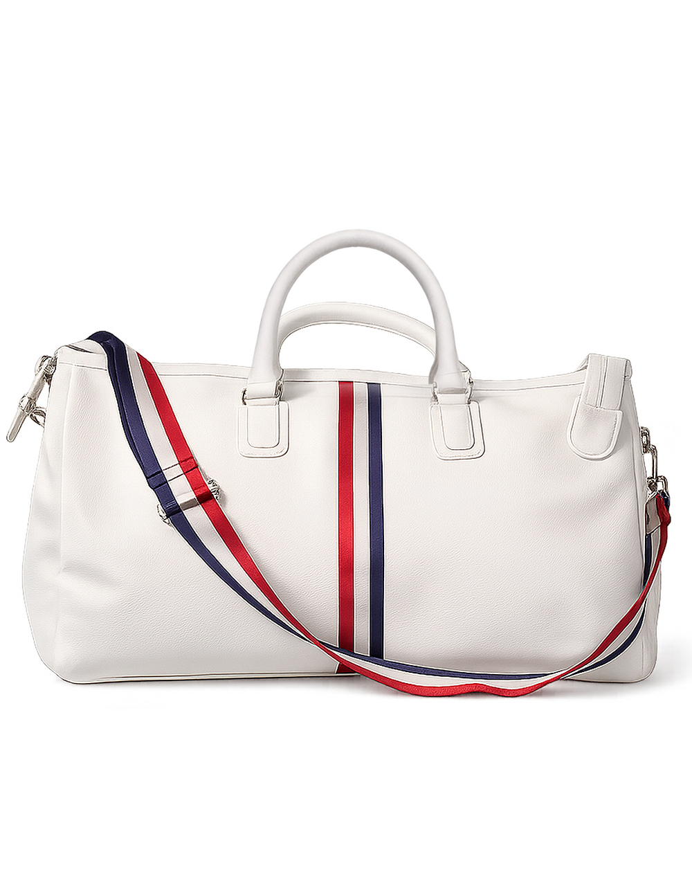 White Duffel / Luggage Bag with Red and Blue Stripes