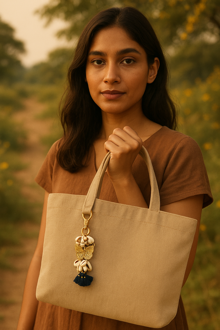Woman holding a beige tote bag with a decorative charm in a natural setting