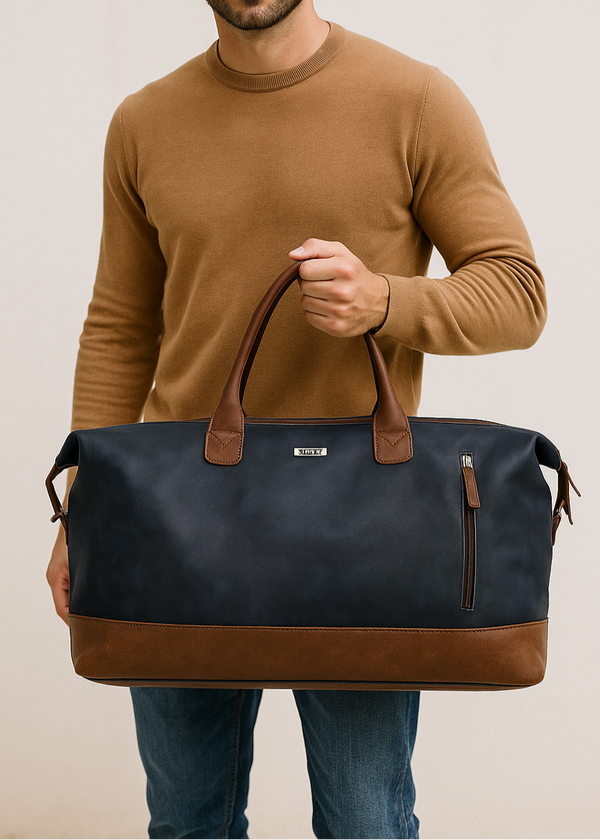 Blue & Brown Leatherette Front Zip Duffle / Luggage Bag