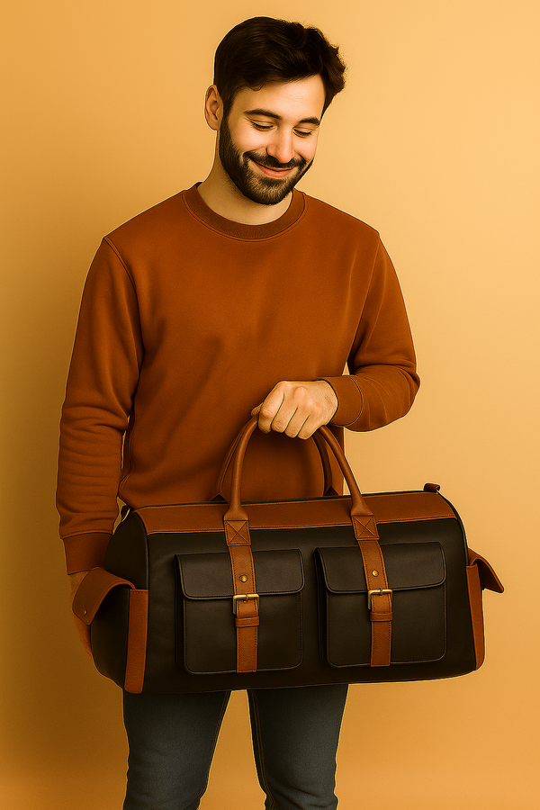 Blue & Brown 4 Pocket Leatherette Duffle / Luggage Bag
