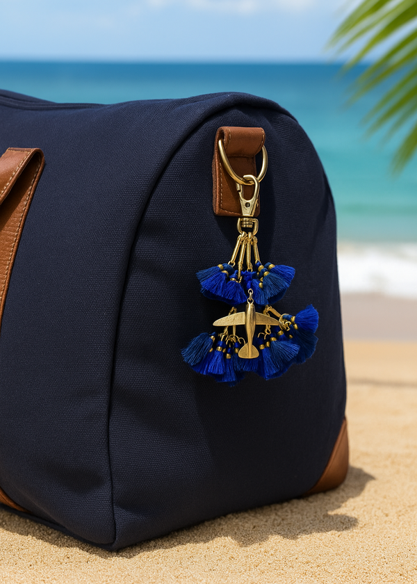 Navy blue bag with a decorative keychain on a sandy beach with ocean view