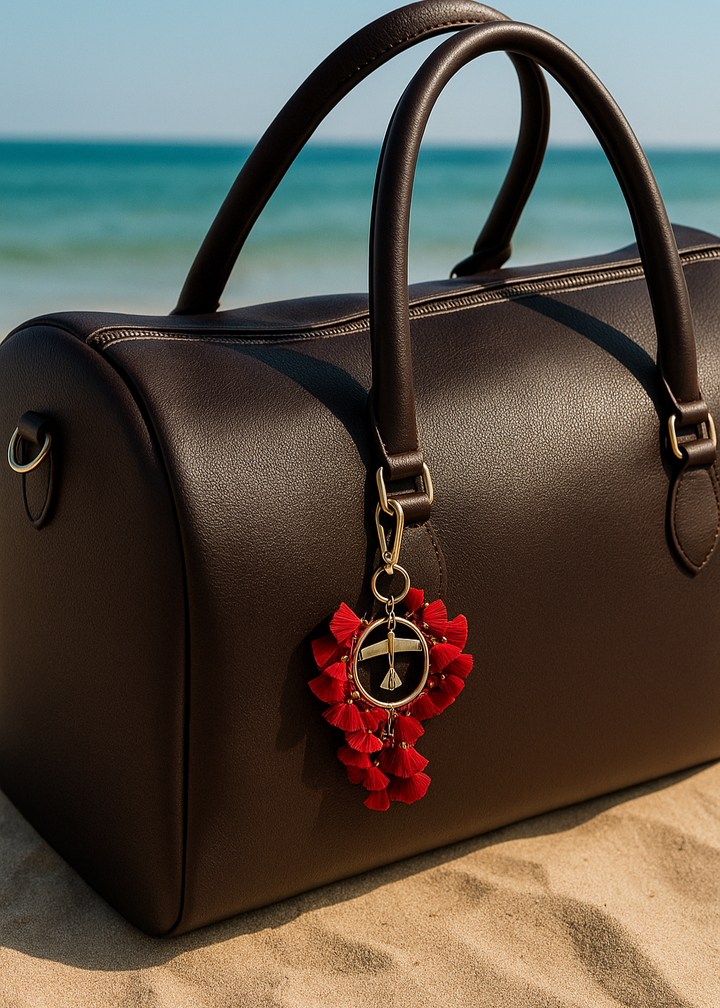 Brown leather bag with a red floral charm on a sandy surface with ocean in the background