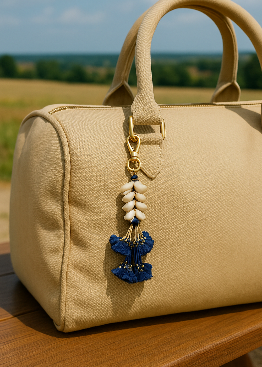 Beige handbag with a decorative keychain on a wooden surface with a blurred natural background