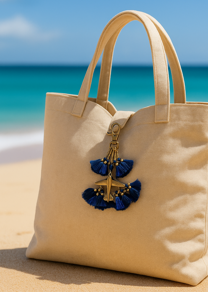 Beige tote bag with blue and gold embellishment on a sandy beach with ocean in the background