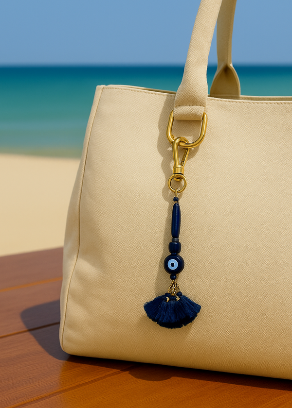 Beige tote bag with a blue keychain on a wooden surface with a beach background
