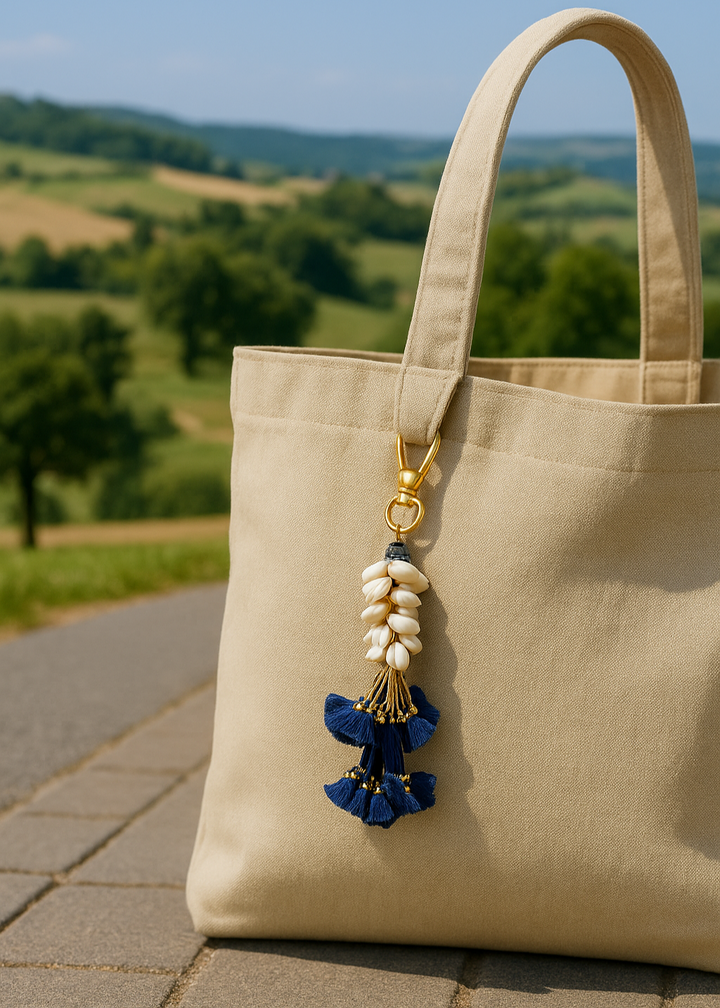 Beige tote bag with decorative keychain on a paved path with greenery in the background