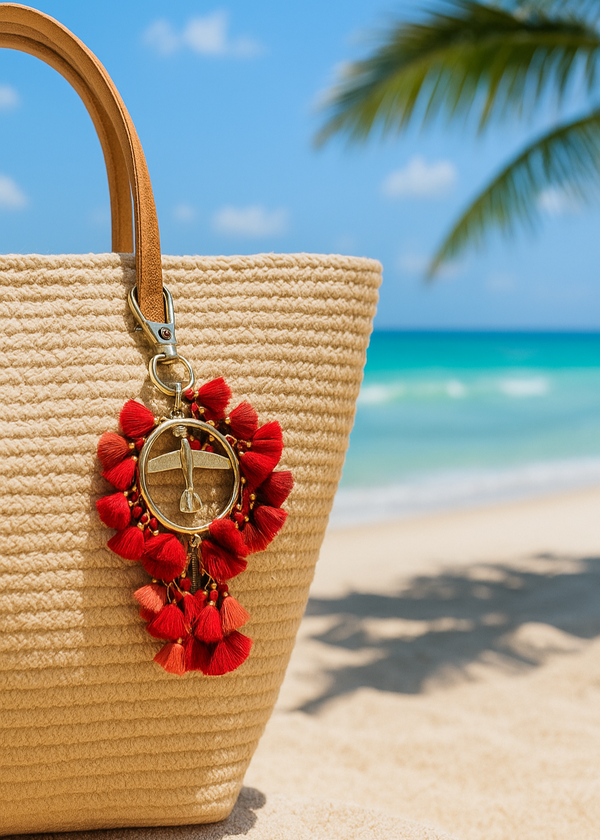 Beige straw bag with a red pom-pom keychain on a beach with palm trees and blue sky.