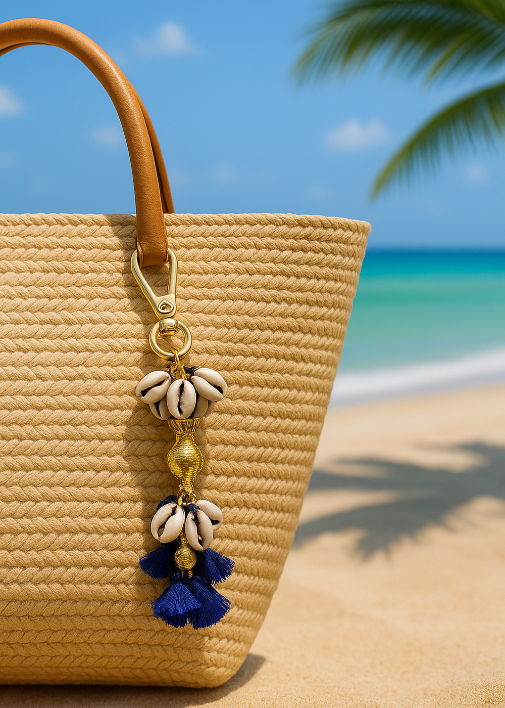 Woven bag with decorative keychain on a beach